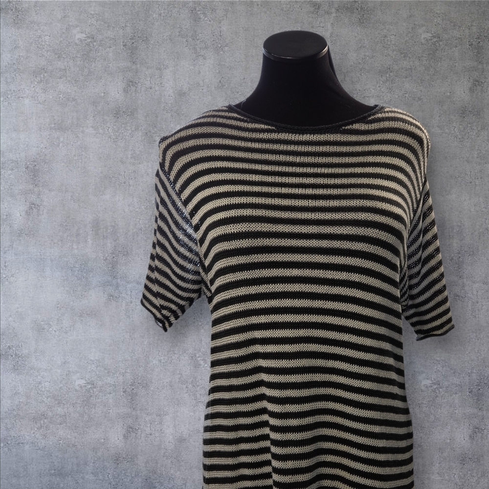 Eileen Fisher oversized linen Striped Knit Top short sleeve sweater small